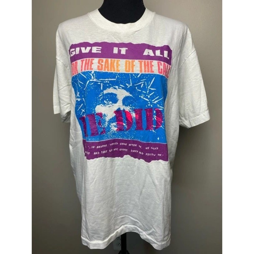 VTG 90s Screen Stars Best Give It All He Did Christian Graphic Tee USA Made XL